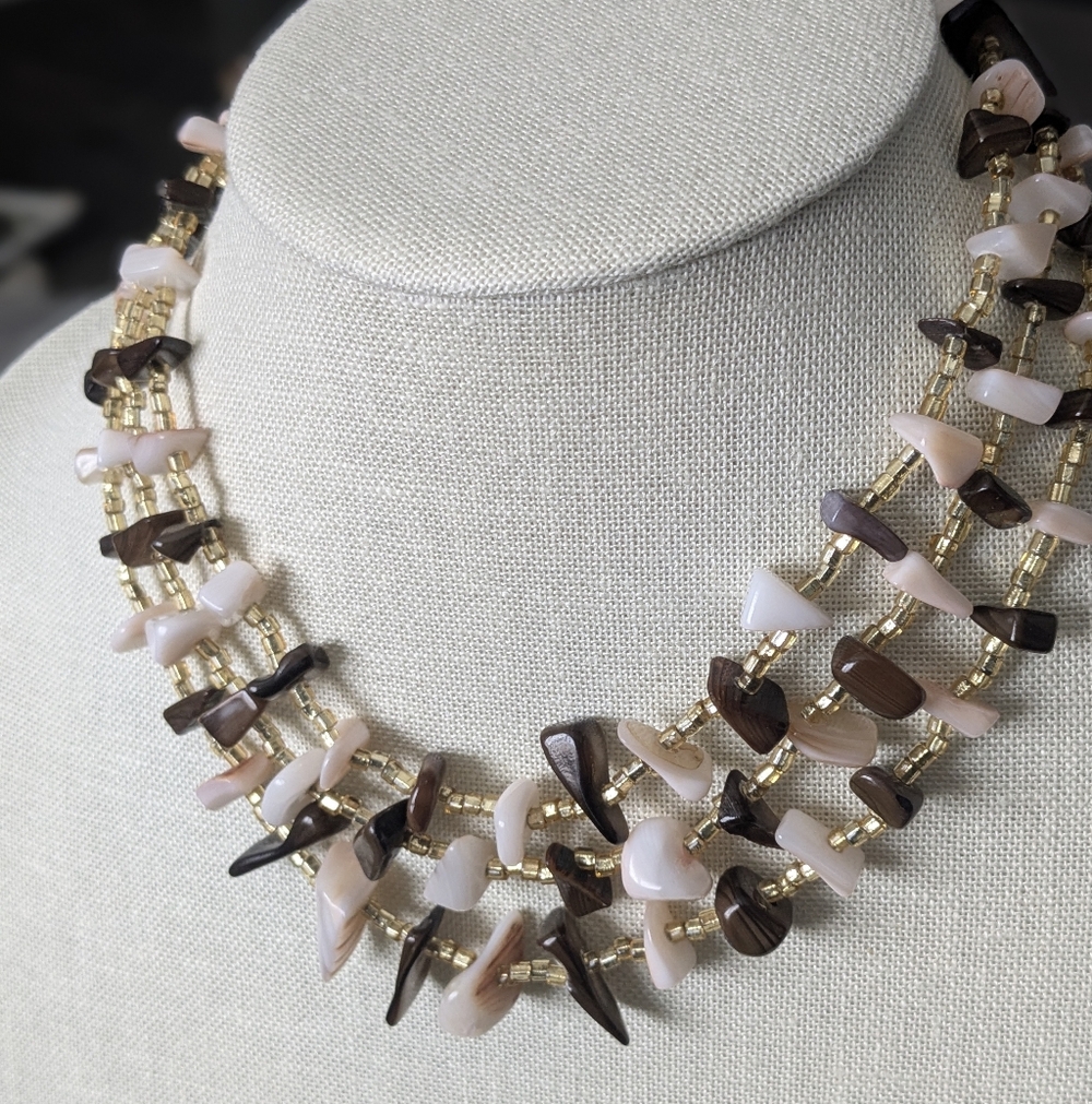 Vintage Boho Mother of Pearl 3 Strand Japan Necklace